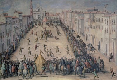 Een voetbalwedstrijd op het Piazza Santa Maria Novella, Florence, 1555 door Jan van der Straet